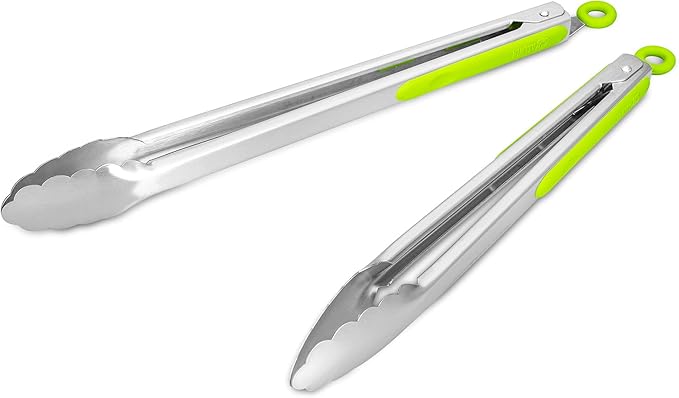 304 Stainless Steel Kitchen Cooking Tongs, 12 & 14 Inch, Set of 2, Green