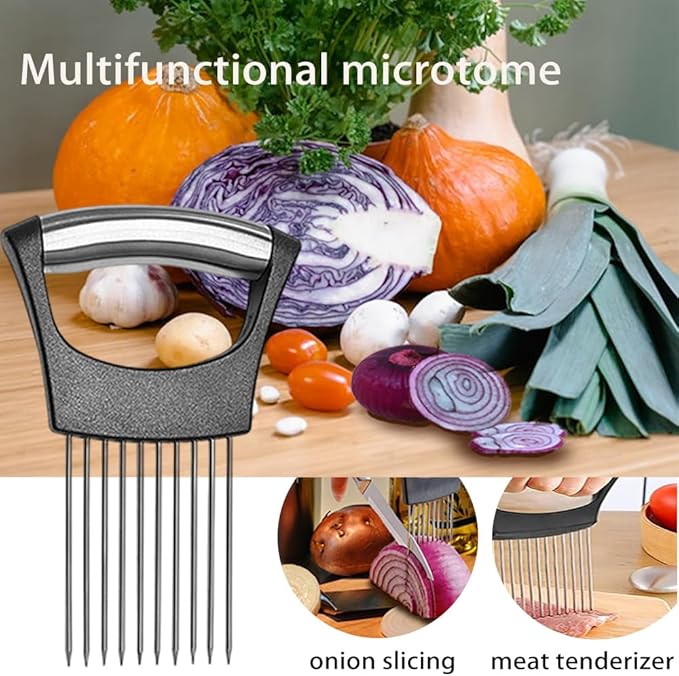 Vyooxcy Stainless Steel Onion Holder for Slicing ，Meat Tenderizer，Fruits Veg Meat Onion Cutter for Slicing and Storage of Avocados Lemon Potato Tomato and Other Meat Stalking Fork, MINI, Silver