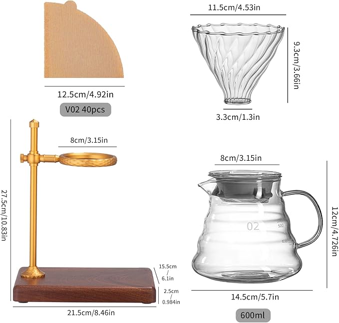 shoxil Pour Over Coffee Maker Set – Glass Coffee Dripper with Stainless Steel Stand, Wooden Base & 40 Filters – Travel Filter Coffee Maker