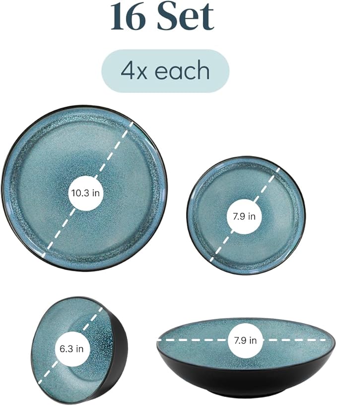 Stoneware Dinnerware Set for 4, 16 Piece Plates and Bowls Set - Handmade Reactive Glaze, Chip & Scratch Resistant Sets - Dishwasher Microwave Safe, Modern Kitchen Dinner Service in Dark Petrol Blue
