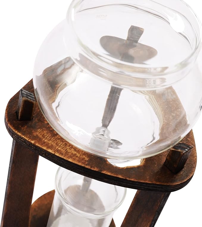 Netcoin Cold Brew Coffee Maker, 600 ml/20.29 oz Iced Coffee Tower Dripper Coffee Maker & Tea Maker 6-8 Cups, High Borosilicate Glass, Wood, 304 Stainless Steel, Copper - for Home Office (Brown)