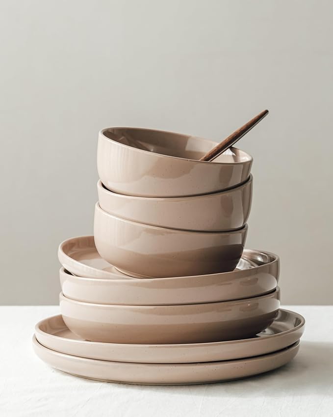 Famiware Milkyway 16-Piece Stoneware Plates and Bowls, Cinnamon Brown