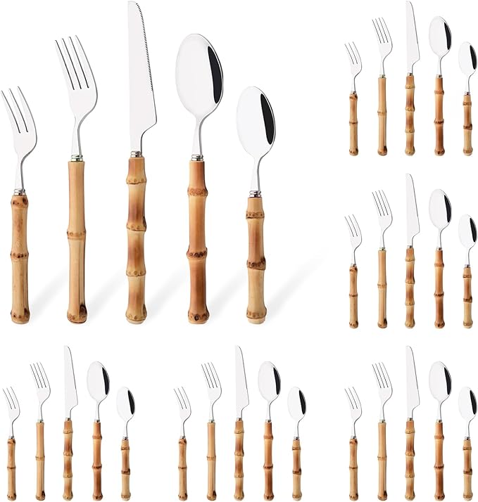 Uniturcky 30PCS Silverware Set for 6, Bamboo Handle Flatware Set, Stainless Steel Cutlery Set for Home Restaurant and Party, Bamboo Forks Spoons and Knives Set, Polished Tableware