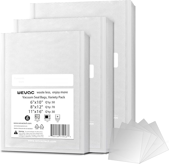 Wevac Vacuum Sealer Bags,150Pcs Gallon 11"x16", Quart 8"x12", Pint 6"x10"