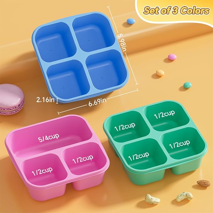 Canfanni 6 Pcs Snack Box Container Set, Reusable 3&4 Compartment Meal Prep Snack Containers for Adults Kids Toddler, BPA-Free Divided Lunchable Container for School, Work and Travel (5 Color)