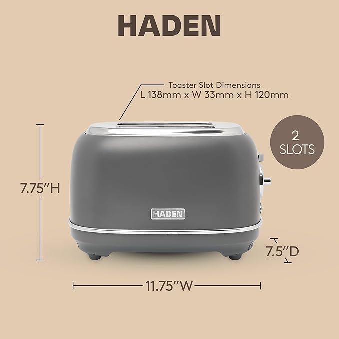 Haden Chelsea 2-Slice Wide Slot Stainless Steel Toaster with Adjustable Browning Control & Non-Slip Feet, Grey & Chrome