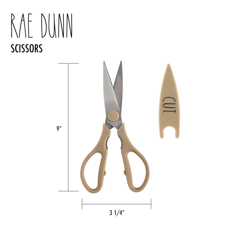 Rae Dunn Kitchen Scissors- Stainless Steel Kitchen Shears, Cooking Scissors for Cutting Meat, Chicken, Herbs and Produce with Blade Cover and Soft Grip Handles (Brown)