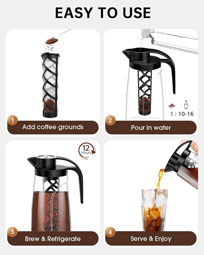 YURICK Cold Brew Coffee Maker, 70 oz (2100 ml) BPA Free Tritan Pitcher, Iced Coffee Maker and Tea Brewer, 100% Leak-Proof, Easy to Clean Reusable Mesh Filter, Black