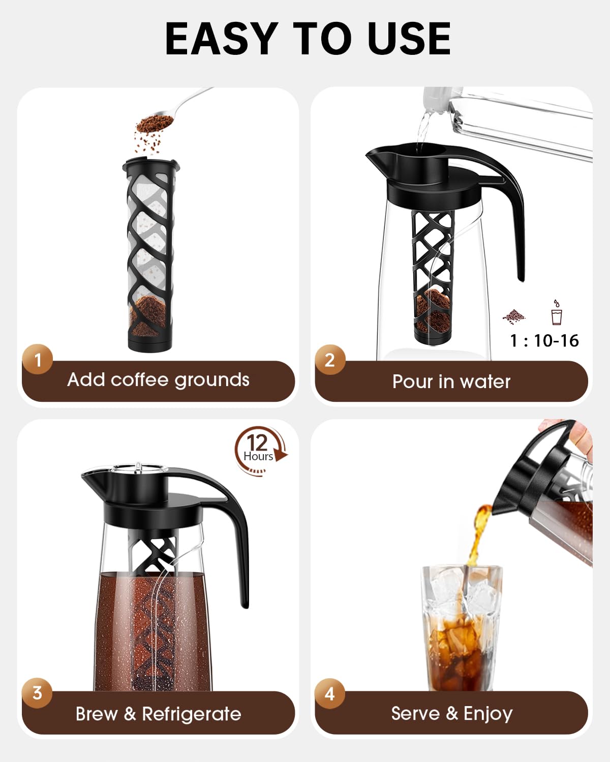 YURICK Cold Brew Coffee Maker, 70 oz (2100 ml) BPA Free Tritan Pitcher, Iced Coffee Maker and Tea Brewer, 100% Leak-Proof, Easy to Clean Reusable Mesh Filter, Black