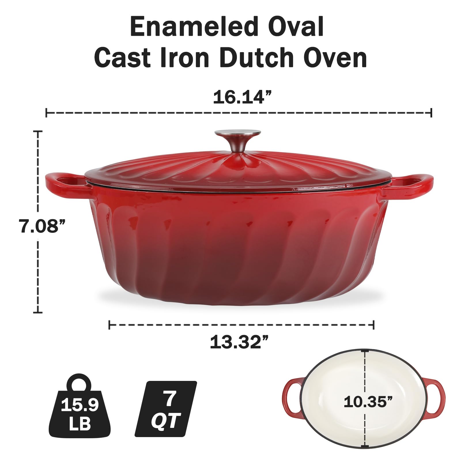 Enameled Oval Dutch Oven Pot with Lid, 7 QT Cast Iron Dutch Oven with Dual Handles for Cooking, Bread Baking, Frying, Non-stick Enamel Coated Oven (7 QT Gradient Red)