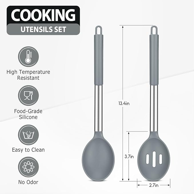 Pack of 2 Large Silicone Cooking Spoons, BPA Free Kitchen Scoops (Grey)