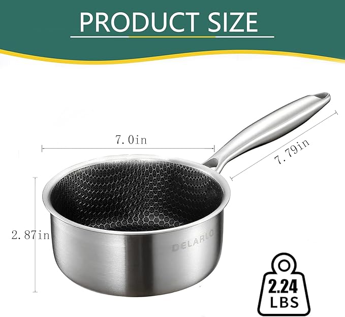 DELARLO Tri-Ply Stainless Steel Hybrid Non Stick Saucepan 1.5 Quart