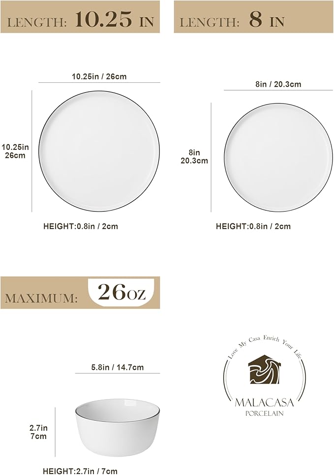MALACASA 18-Piece Dinnerware Set for 6, White Black-Rim Porcelain Dishes