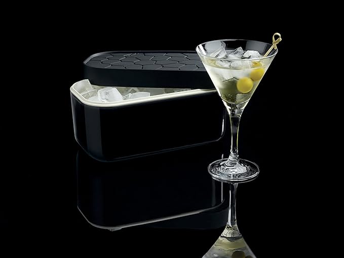 Lékué Ice Box | Black | Ice Cube Tray For Freezer With Lid & Bin | Made With 100 Percent Platinum Silicone | Elegant And Retro Style Ice Cubes | For Cocktails, Ice Tea & Coffee And More |