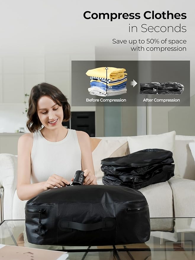 POIXM Vacuum Bags for Travel with Wireless Pump, 180° Open Zipper, IP67 Waterproof, Reusable Space Saver Compression Bags for Backpack, Suitcase, Home Storage(2 Pack + Pump)