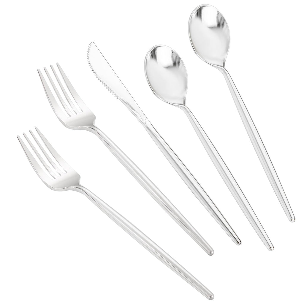 LIYH 102 Pcs Silver Plastic Silverware - Heavyduty Plastic Cutlery Set Disposable Utensils Flatware Set Knives Forks Spoons Disposable Cutlery Mothers Day