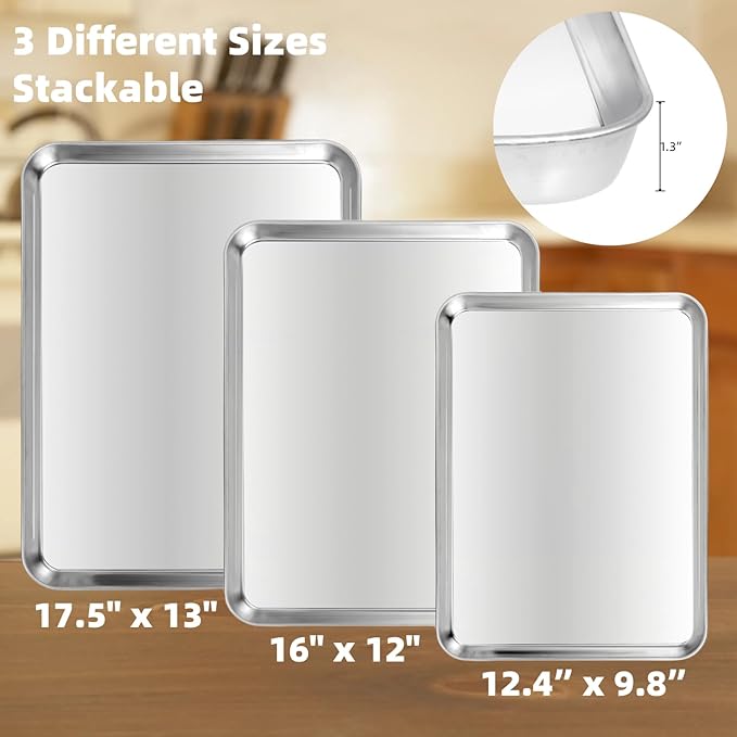 Baking Sheet Set of 3, Stainless Steel Baking Pans, 12/16/17.5 Inch