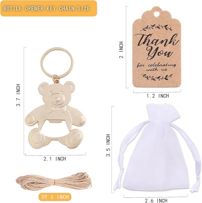 Uezea Bottle Openers Baby Shower Return Favors for Guests Cute Bottle Opener Decorations and Souvenirs with Organza Bags Tags for Theme Party Favors (Retro Style,73 pieces) (Teddy bear)