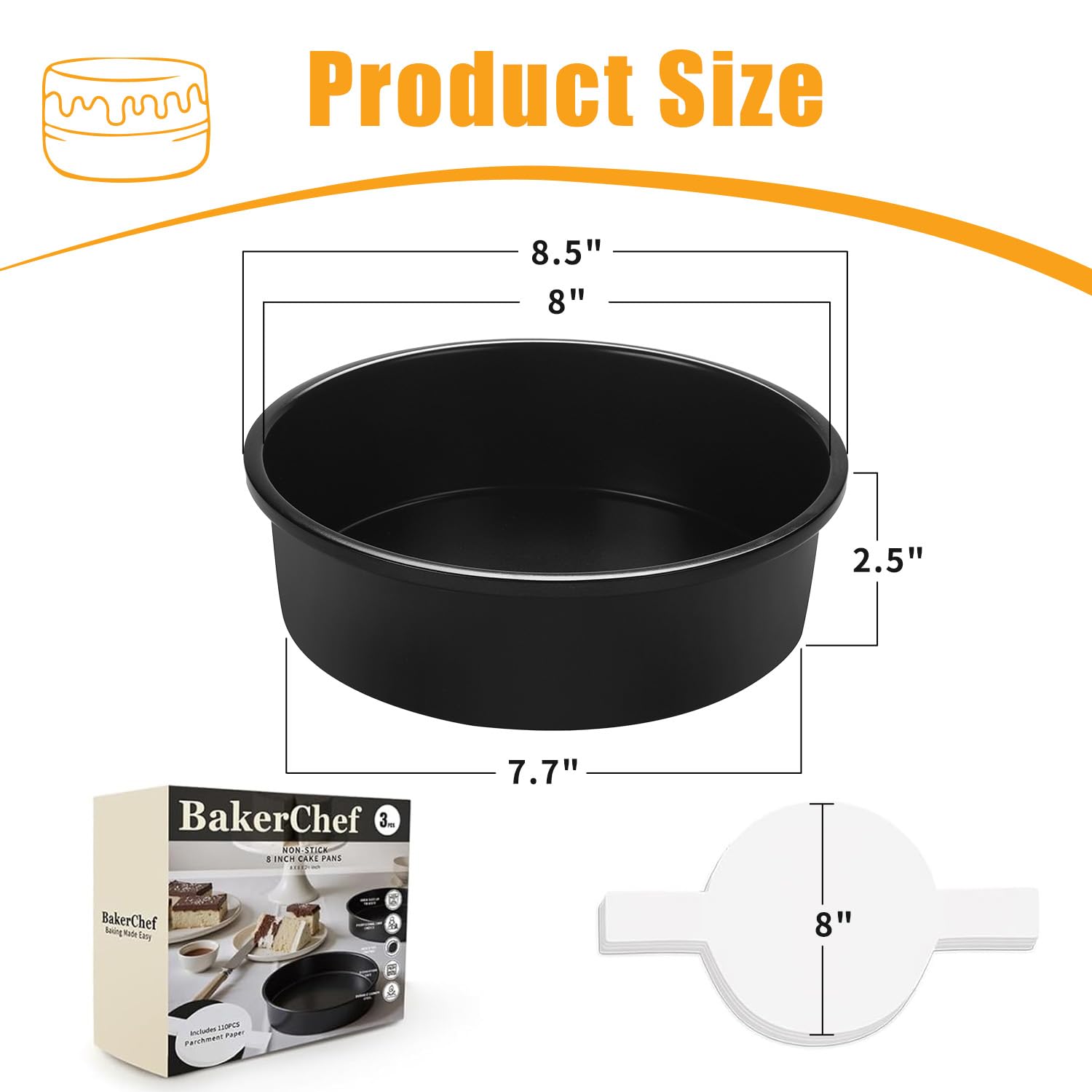 BakerChef 8 Inch Cake Pan Set of 3, Nonstick Round Cake Pans with 110 PCS Parchment Paper, Non-Toxic Carbon Steel Cake Baking Pans, Dishwasher Safe