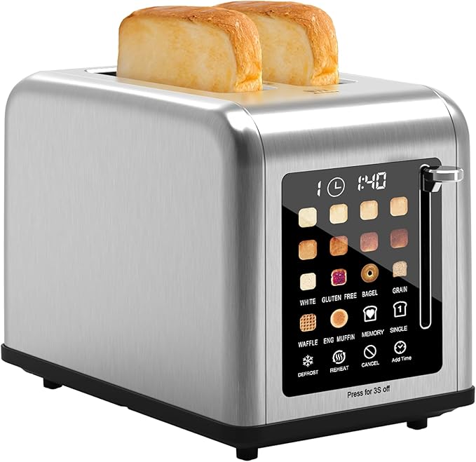 2 Slice Toaster Touch Screen, Stainless Steel Toasters Digital Timer 2 Slot Toasters, 8 Shade Settings 6 Bread Types for Bagel, Cancel, Defrost（Silver）