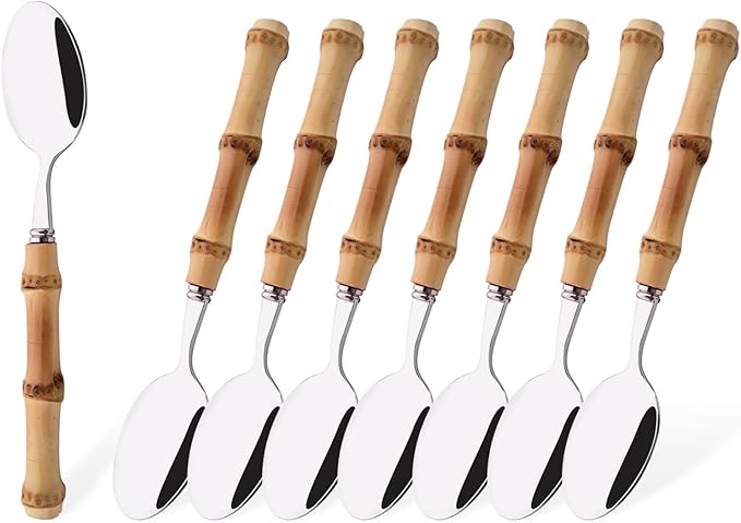 Uniturcky Dessert Spoon Set with Bamboo Handle, 8-Piece Stainless Steel Shiny Silver Dessert Spoon, Natural Bamboo Cutlery, Creative Design Small Spoons for Home Restaurant, 6.65 inch, Handcrafted