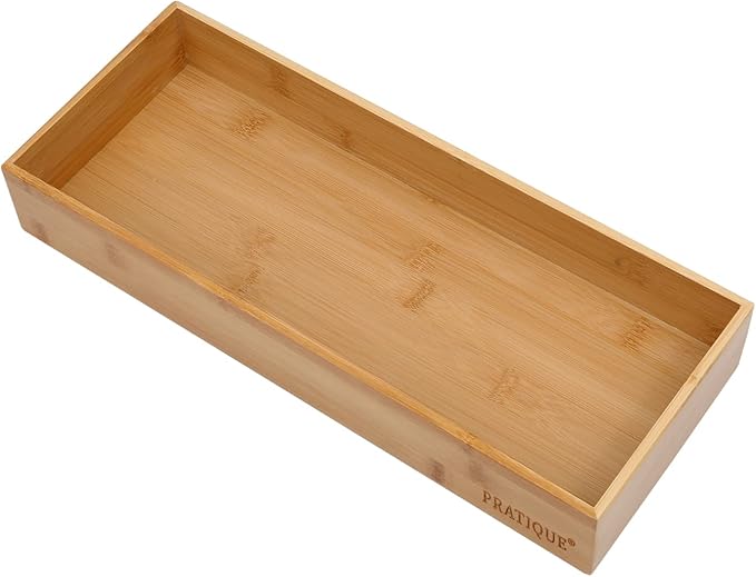 PRATIQUE Bamboo Drawer Organizer - Kitchen Utensil Organizer Silverware Tray Cutlery Holder，Office Desk Supplies and Accessories (15X5.9X2.6 inch)