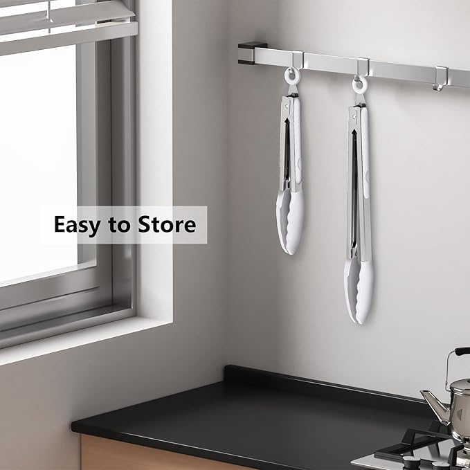 2 Pack Silicone Kitchen Tongs – 9" & 12" Set, Heat Resistant up to 500°F, Non‑Stick Cookware Safe, Wavy Silicone Tips, BPA Free, Locking Clip & Hanging Loop, Light Grey