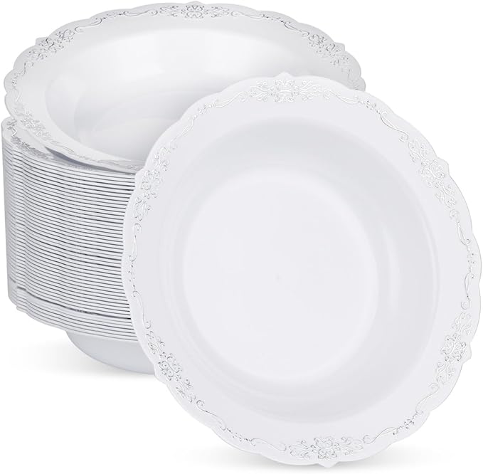 Bestluck 50 Pack White Plastic Bowls with Silver Rim
