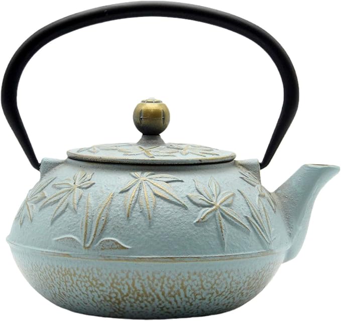 SECHUDO Cast Iron Teapot Tea Kettle with Stainless Steel Infuser for Stovetop Safe Coated with Enameled Interior Japanese Tetsubin with Maple Leaves Pattern(30.4oz/900ml) (Color-5)