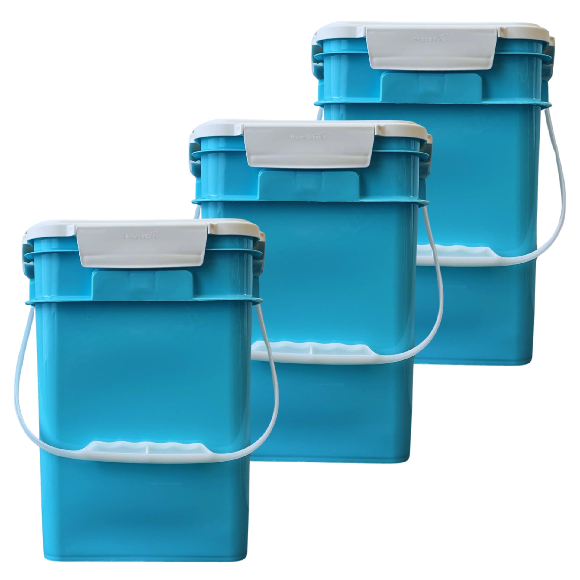 House Naturals 4 Gallon Square Food Grade Bucket Pail with Plastic Handles and Lid (Pack of 3) Made in USA containers (Aqua-White lids)