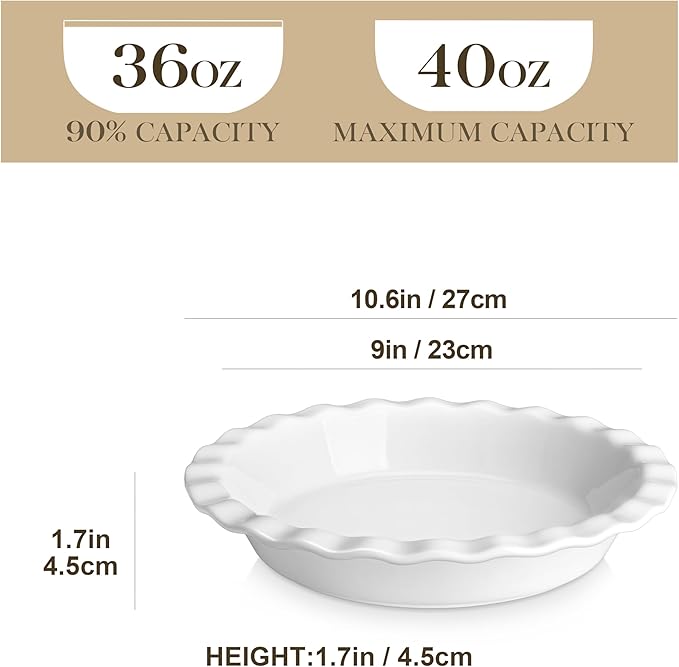 MALACASA 40 Oz Ceramic Pie Pan 9 Inch, Fluted Pie Dish for Quiche