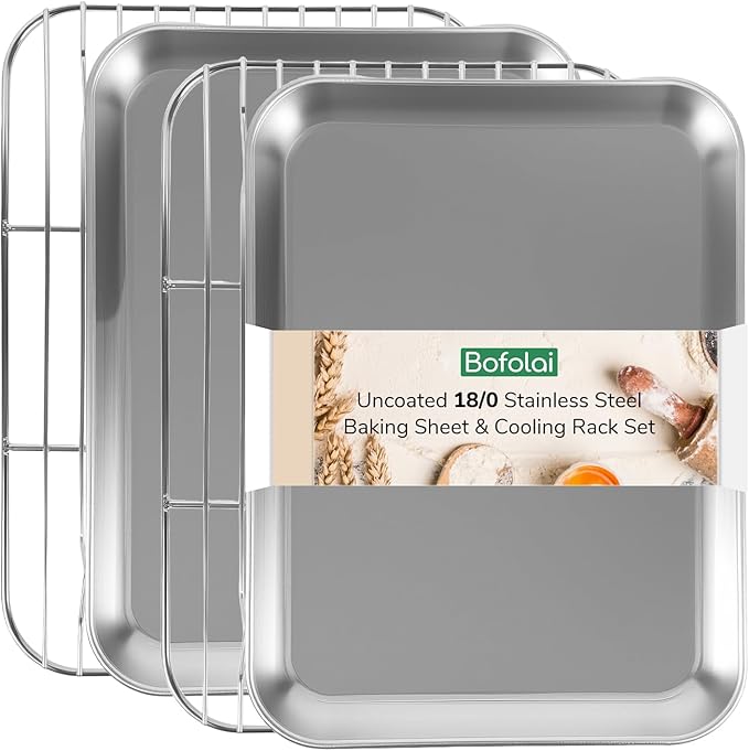 Bofolai 18/0 Stainless Steel Baking Sheet with Cooling Rack, Oven-Safe Non-Toxic Cookie Sheets for Baking, Set of 4, Coating Free & Rust Resistant for Healthy Family Baking, Easy to Clean, Heavy-Duty