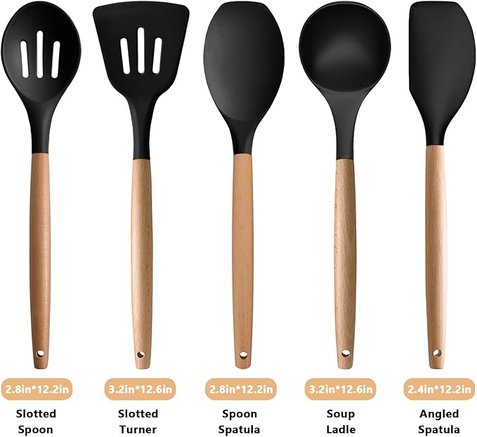 IOCBYHZ Silicone Cooking Utensils Set of 5, Heat Resistant Silicone Kitchen Utensils Set with Wooden Handle, BPA Free Spatula Spoon Turner Ladle Cooking Kitchen Gadgets for Nonstick Cookware & Baking