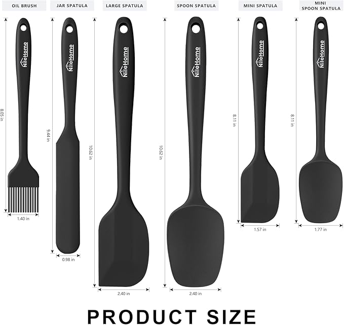 NileHome Silicone Spatula Set, 6 Pieces Food Grade Kitchen Utensils with Silicone Brush Heat Resistant Up to 600°F Dishwasher Safe BPA-Free Rubber Spatula for Scraping, Baking, Cooking, Mixing-Black