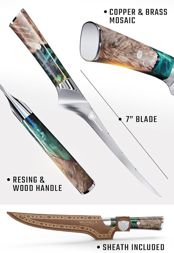 Dalstrong Valhalla 7" Fillet Knife — Flexible High-Carbon Blade (8–12° Edge), Unique Wood Resin Handle - For Filleting Fish, Deboning Proteins, Trimming Silverskin — Leather Sheath, Customer Support