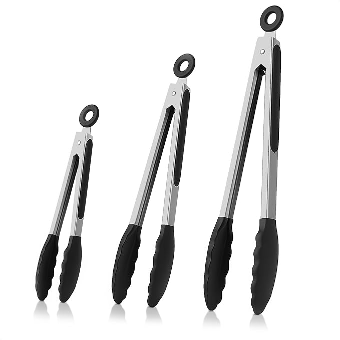 Kitchen Tongs Set of 3, 7/9/12 in, Stainless Steel (Black)