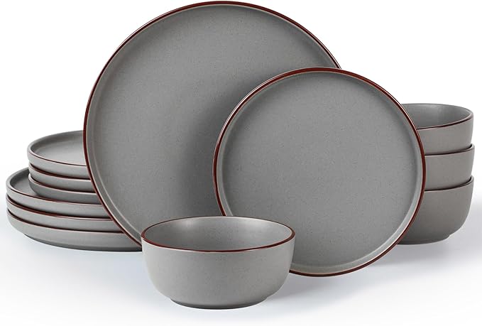 Famiware Mercury 12-Piece Stoneware Dinnerware Set, Dark Grey