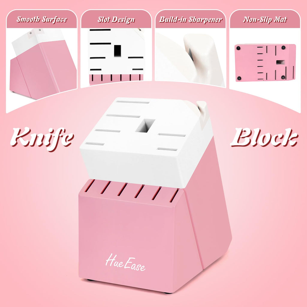 HueEase 14 Pieces Knife Set with Block, Ceramic White Coating, High Carbon Stainless Steel Sharp Blade Block Knife Set, Dishwasher Safe Cutlery, Colliding Pink