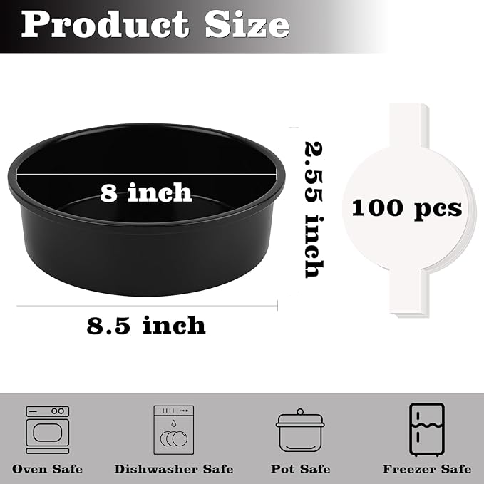 HUAKENER 8 Inch Cake Pan, 3Pcs Round Cake Pan with Parchment Paper