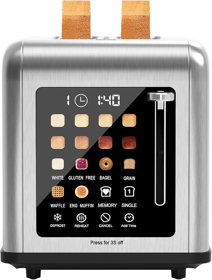 2 Slice Toaster Touch Screen, Stainless Steel Toasters Digital Timer 2 Slot Toasters, 8 Shade Settings 6 Bread Types for Bagel, Cancel, Defrost（Silver）