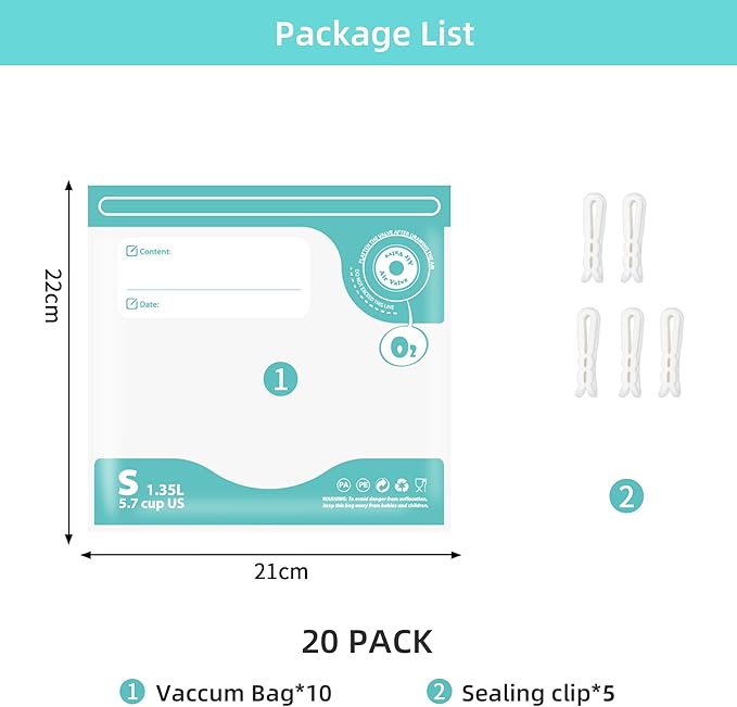 CABIBOX 20pcs Vacuum Sealer for food, Sous Vide Bags Reusable, BPA Free Food Vacuum Sealer Bags, Vacuum Zipper Bags Ideal for snacks, small fruits, spices(9x8 Inch)