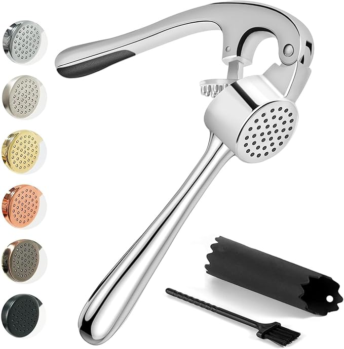 Kitessensu High Effective Premium Garlic Press Set, With Silicone Garlic Peeler & Brush, Heavy Duty Garlic Mincer, Easy to Squeeze and Clean, Rust Proof - Gloss Silver