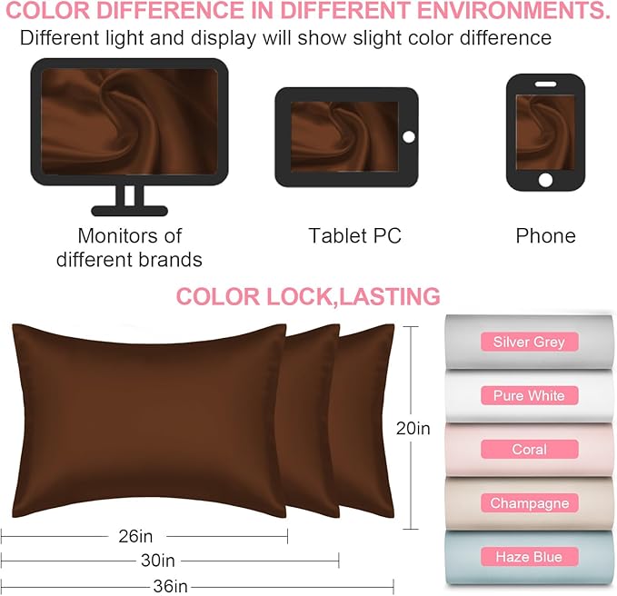 Silk Pillow Cases 2 Pack Queen Size with Hidden Zipper, Mulberry Silk Pillowcase for Hair and Skin, Smooth and Soft Breathable Cooling Silk Satin Pillowcase Set of 2, Gifts for Women，Brown