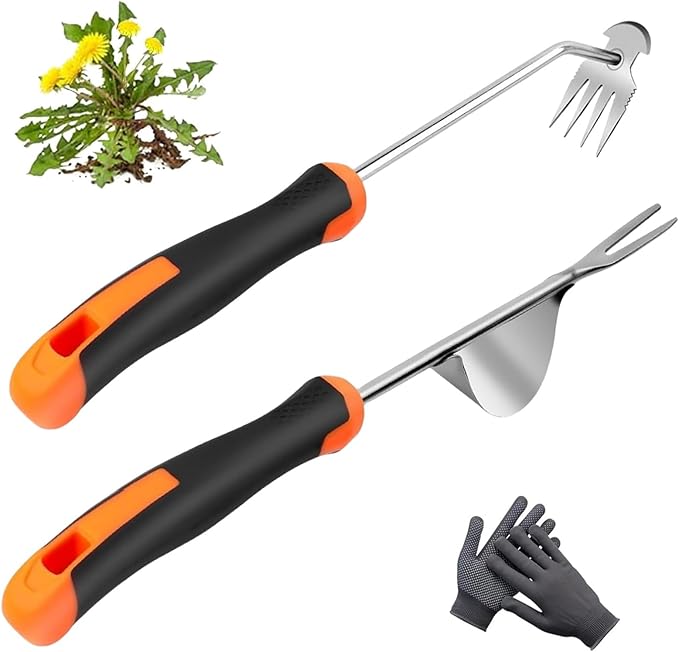 ANGKMA Weed Puller Tool， New Garden Weeder Tool Stainless Steel Hand Weeder Tool,4 Teethes Dual Purpose Weed Remover Tool Weeding Tools for Gardening(2PCS)