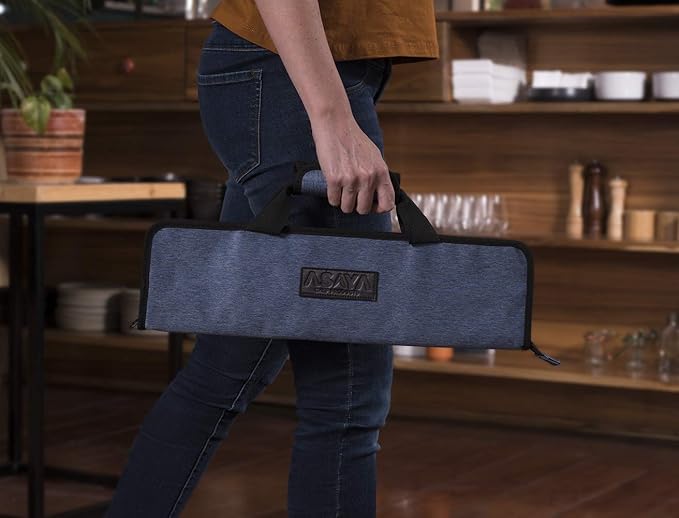 Asaya Chef Knife Roll Bag - 12-Pocket Chefs Case for Kitchen Knives and Utensils, Lightweight Stain-Resistant Waxed Nylon Chef Knife Bag - Knives Not Included (Blue)