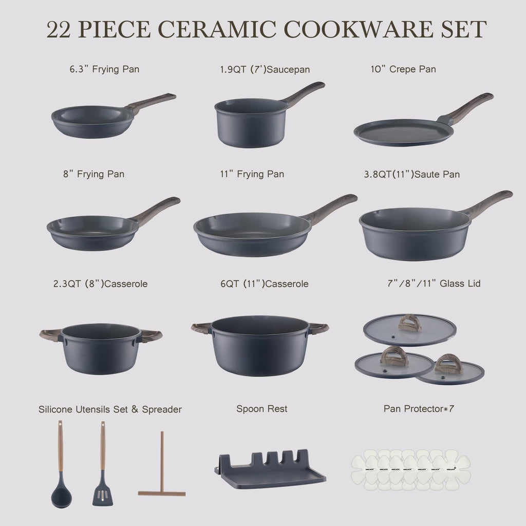 USELUCK Pots and Pans Set Non Stick Non-Toxic 22 Pcs Ceramic Cookware Sets Nonstick Kitchen Pot&Pan With Lid Stone Gray Granite Induction Compatible with Glass Lids Crepe Frying Pan PFOA/PFOS-Free