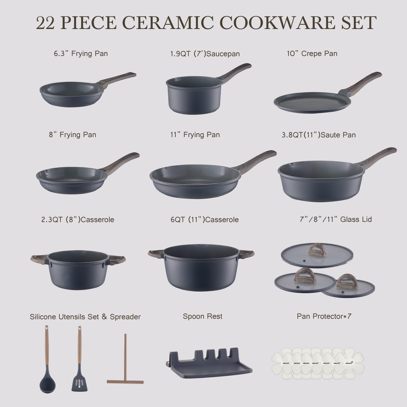 USELUCK Pots and Pans Set Non Stick Non-Toxic 22 Pcs Ceramic Cookware Sets Nonstick Kitchen Pot&Pan With Lid Stone Gray Granite Induction Compatible with Glass Lids Crepe Frying Pan PFOA/PFOS-Free