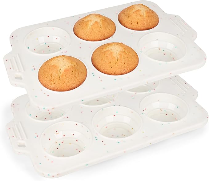 2 Pack Silicone Muffin Pan - Non Stick Collapsible Metal-Reinforced Frame Cupcake Pan with Handles 6 Cup Regular, BPA Free Cupcake and Medium Muffin Tray, Baking Pan Molds for Oven Dishwasher Safe
