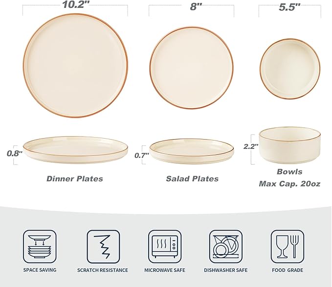 Famiware Nebula 12-Piece Dinnerware Set, Vanilla White with Brown Rim
