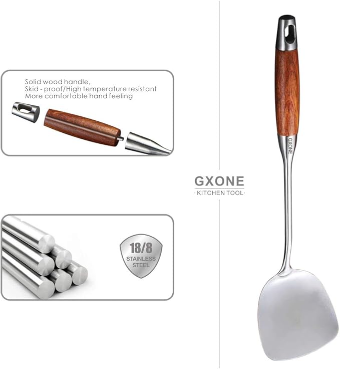 Chinese Wok Spatula, 304 Stainless Steel,with Wooden Handle, 15.7 Inch